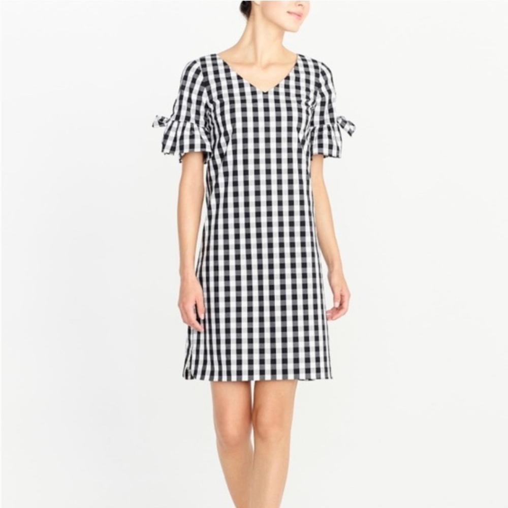 NWT J.Crew Factory Tie-sleeve dress in black/white gingham size XXS. Style J0958
